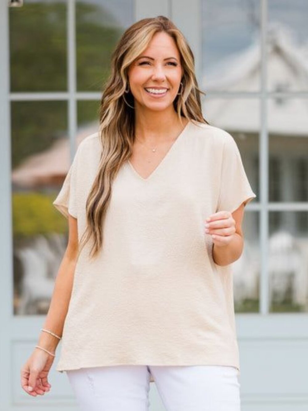 NWT I Chic Soul Beige V-Neck Short Sleeve Blouse, Cream